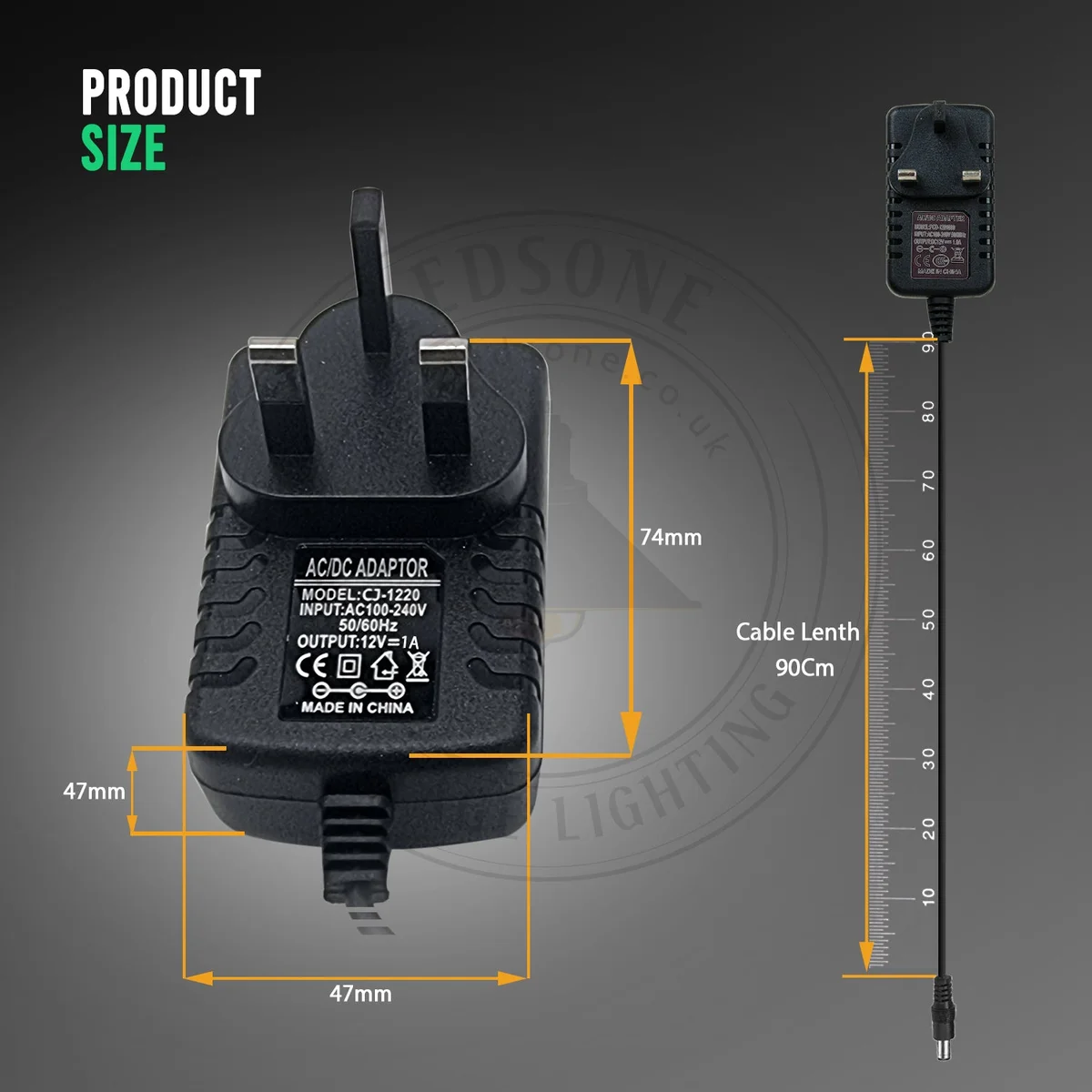 Universal AC to DC power supply adapter with UK plug, 12W 1A output, black plastic casing and 90cm cable length