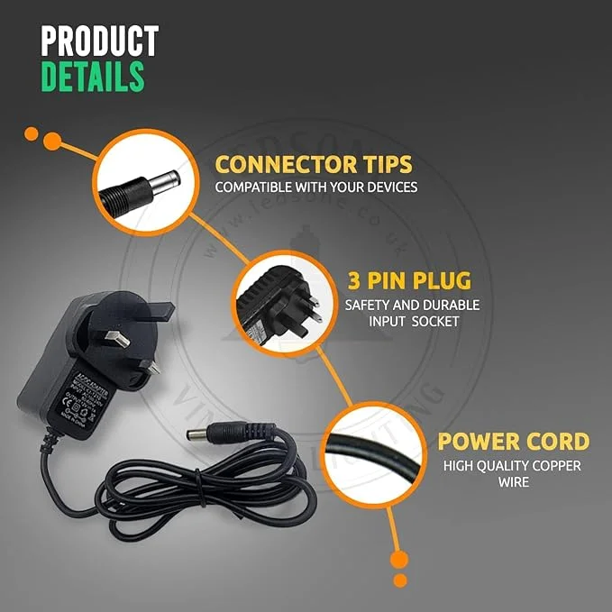 Universal 12W UK plug power adapter with plastic shell, 5.5mm x 2.5mm output jack, and 90cm cable length