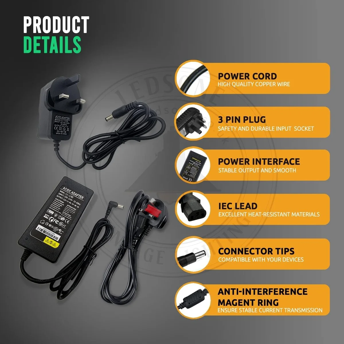Universal regulated LED strip power supply with UK plug, 12W 1A output, plastic shell, and 90cm cable length