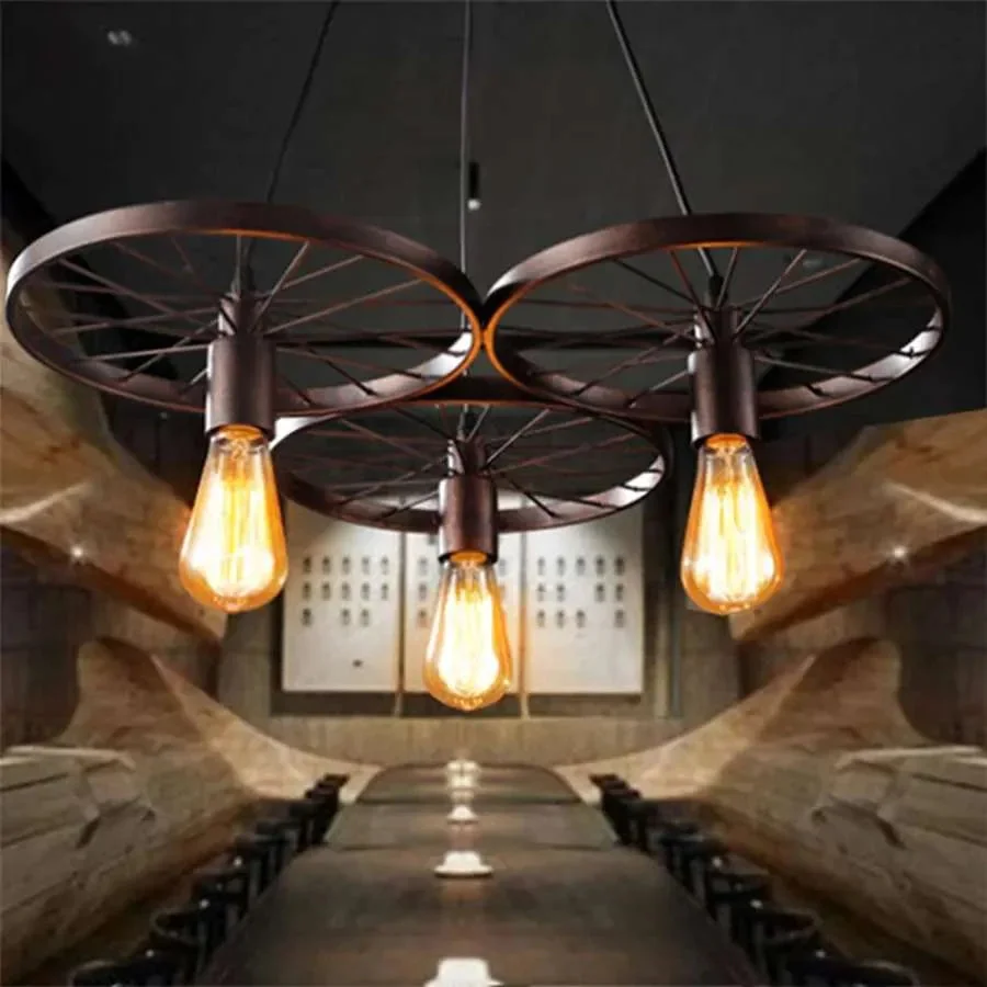 Rustic red industrial pendant light with metal wheel design, 30cm diameter, suitable for cafes and bars