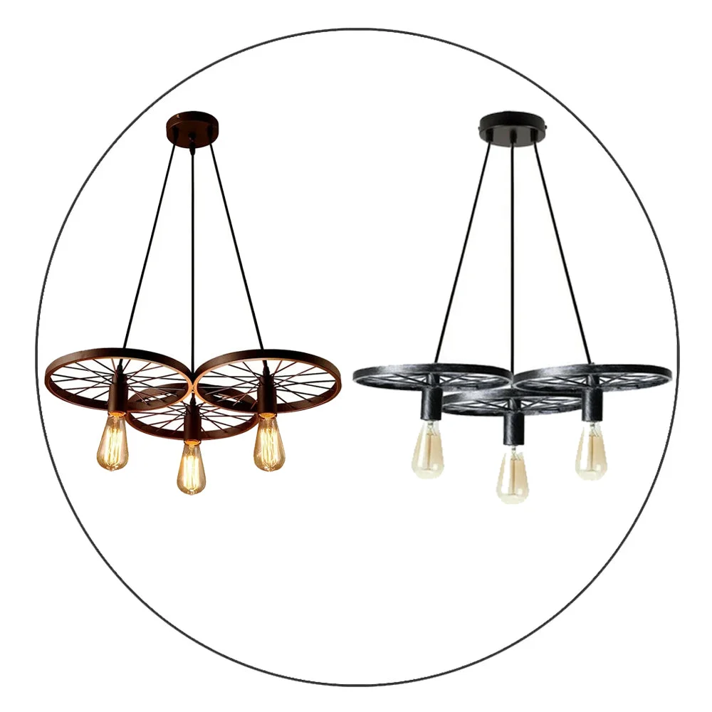 Rustic red industrial wheel pendant light with metal frame and E27 bulb pendant, 30cm diameter ceiling lamp