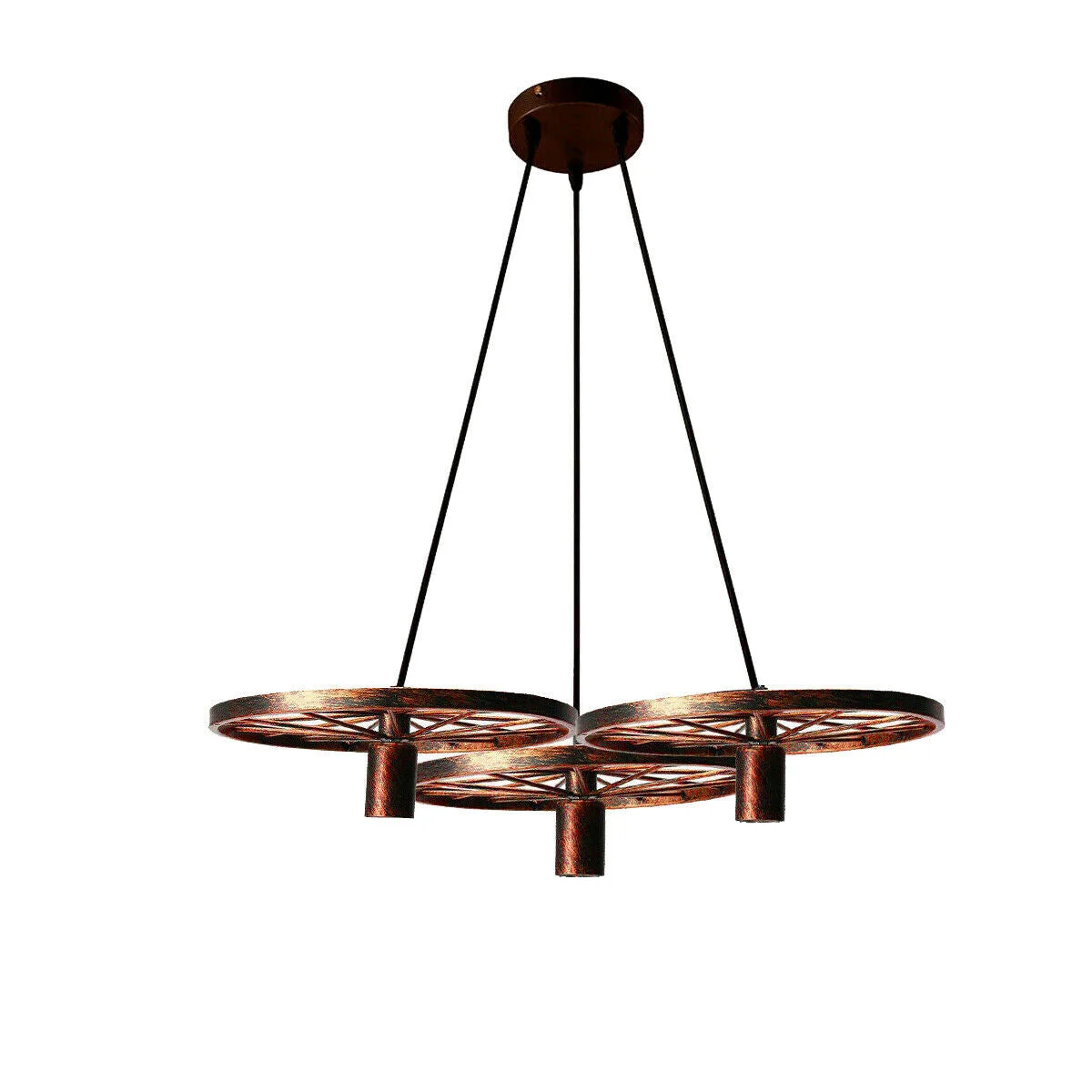 Rustic red industrial pendant light with metal wheel design, 30cm diameter, suitable for cafes and bars