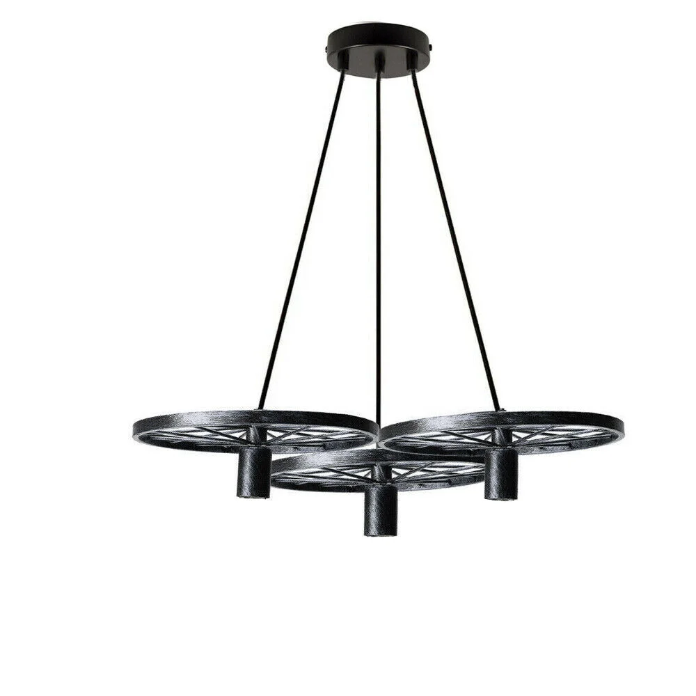 Rustic red industrial pendant light with metal wheel design, 30cm diameter, suitable for cafes and bars