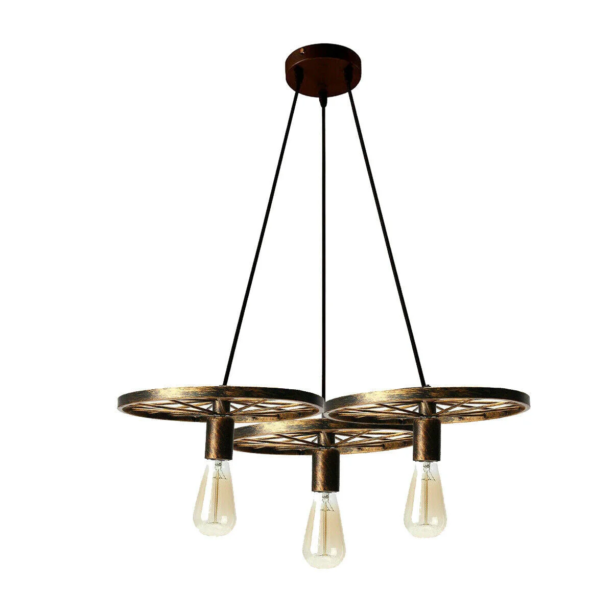 Rustic red industrial pendant light with metal wheel design, 30cm diameter, suitable for cafes and bars