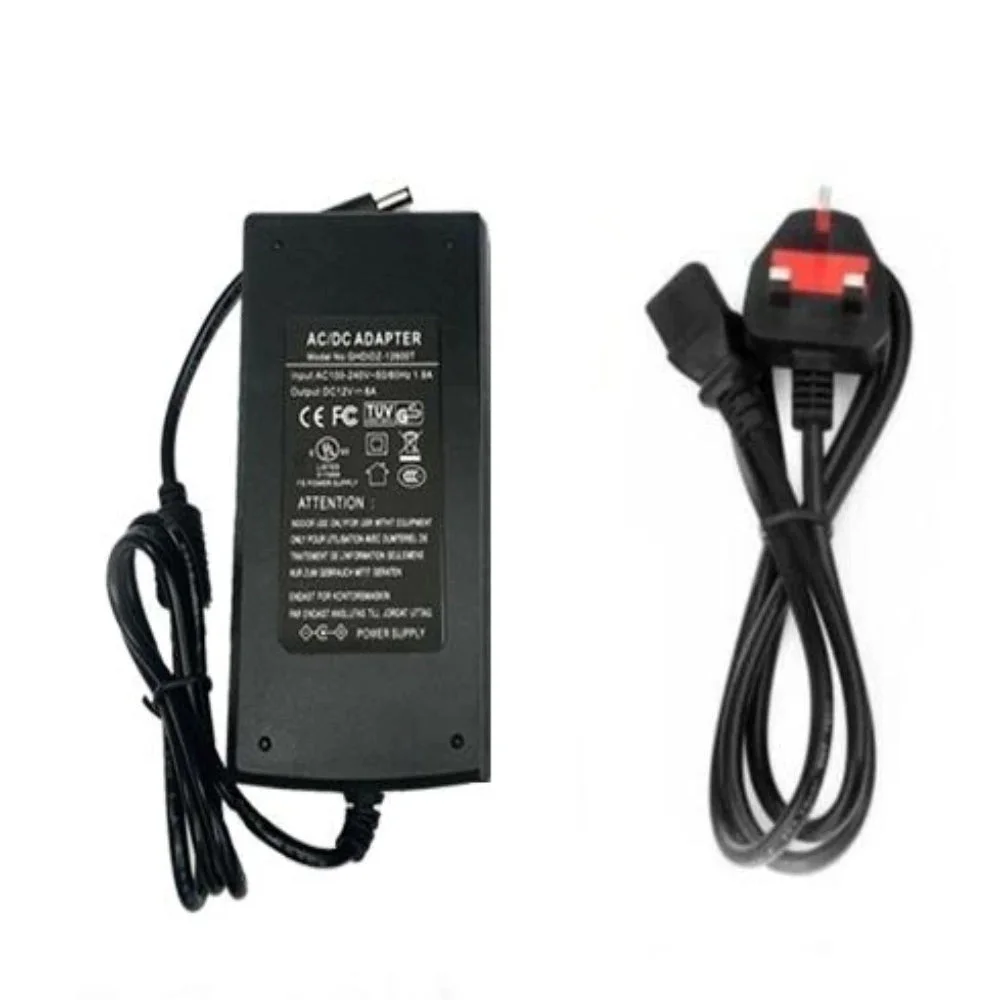 12V power adapter with 8A output, black plastic casing, attached cable and standard 5.5mm x 2.5mm connector plug