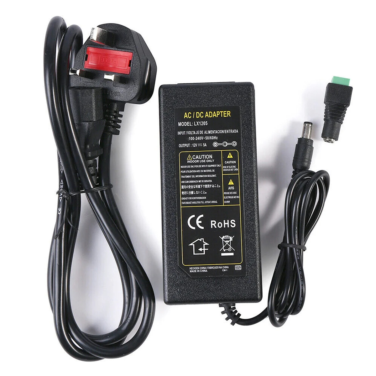 12V 8A power supply adapter with black plastic casing and attached splitter cable connector for LED and CCTV devices