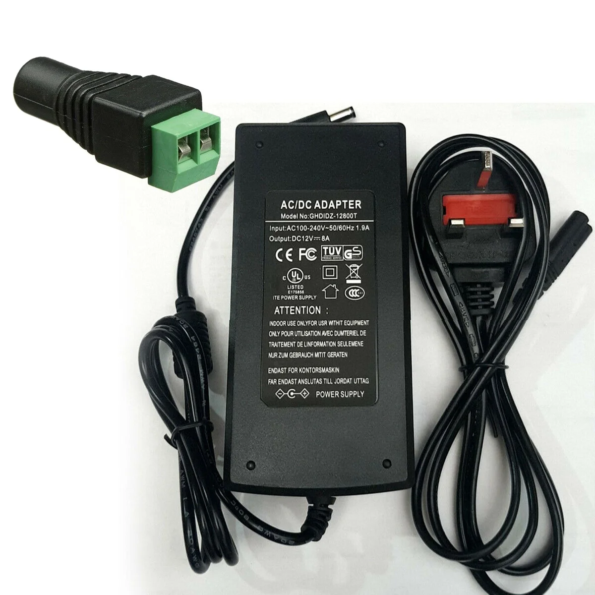 DC 12V power adapter with 8A output, standard 5.5mm x 2.5mm connector and attached splitter cable on white background