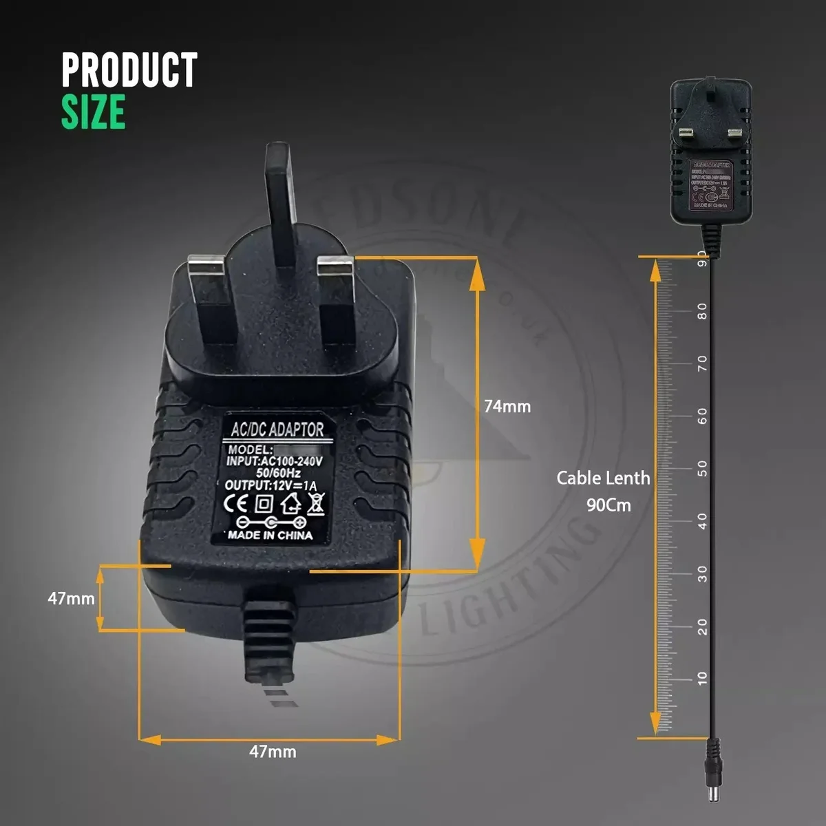 12V 8A LED strip power adapter with standard 3-prong connector and splitter cable for LED lights and CCTV cameras