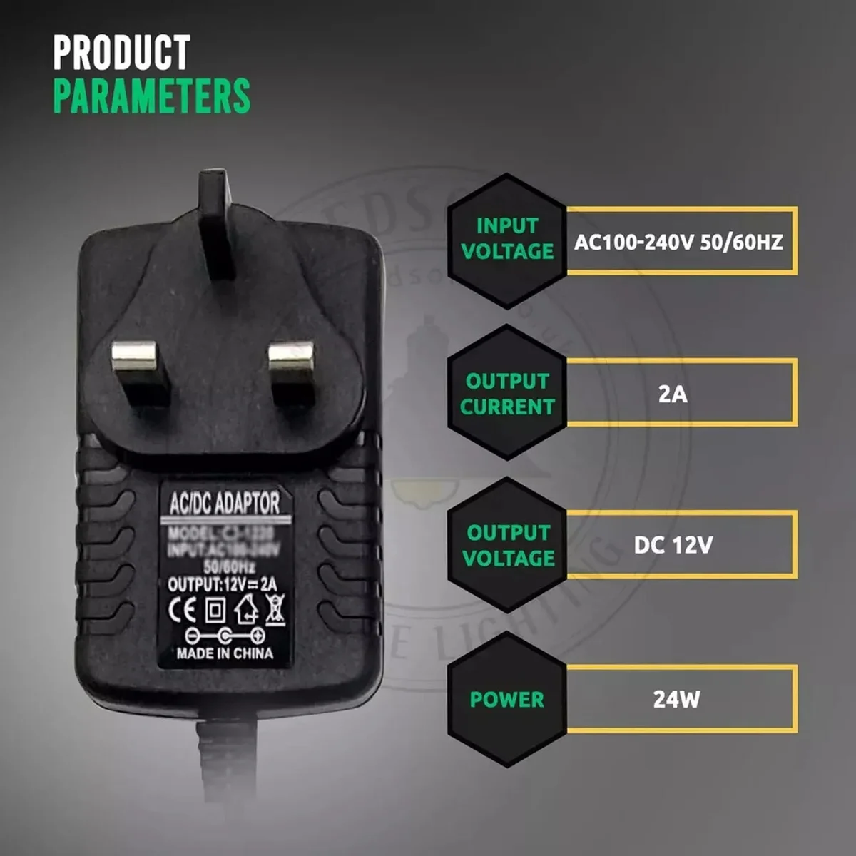 12v power supply unit with 8A output, plastic casing, standard 5.5mm x 2.5mm connector and attached splitter cable