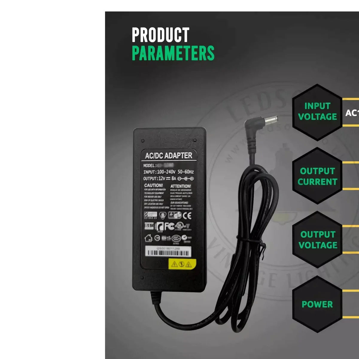 12V 8A ac dc power adapter with standard male connector and splitter cable for LED lights and CCTV devices