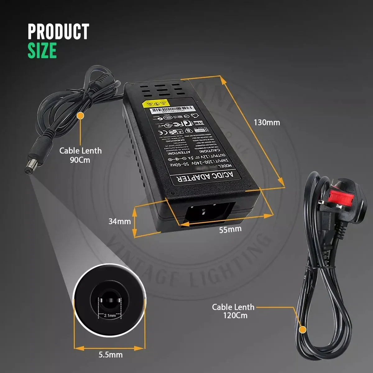 12v power adapter with 8A output and 1 splitter cable featuring standard 5.5mm x 2.5mm connector on white background