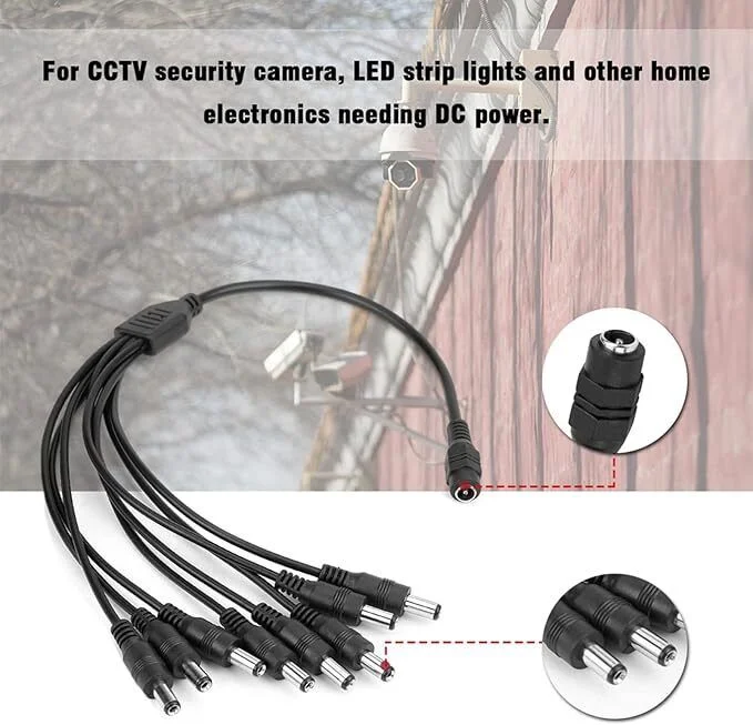 12V CCTV power adapter with UK plug and multi-way splitter cable for powering LED lights, cameras, and routers