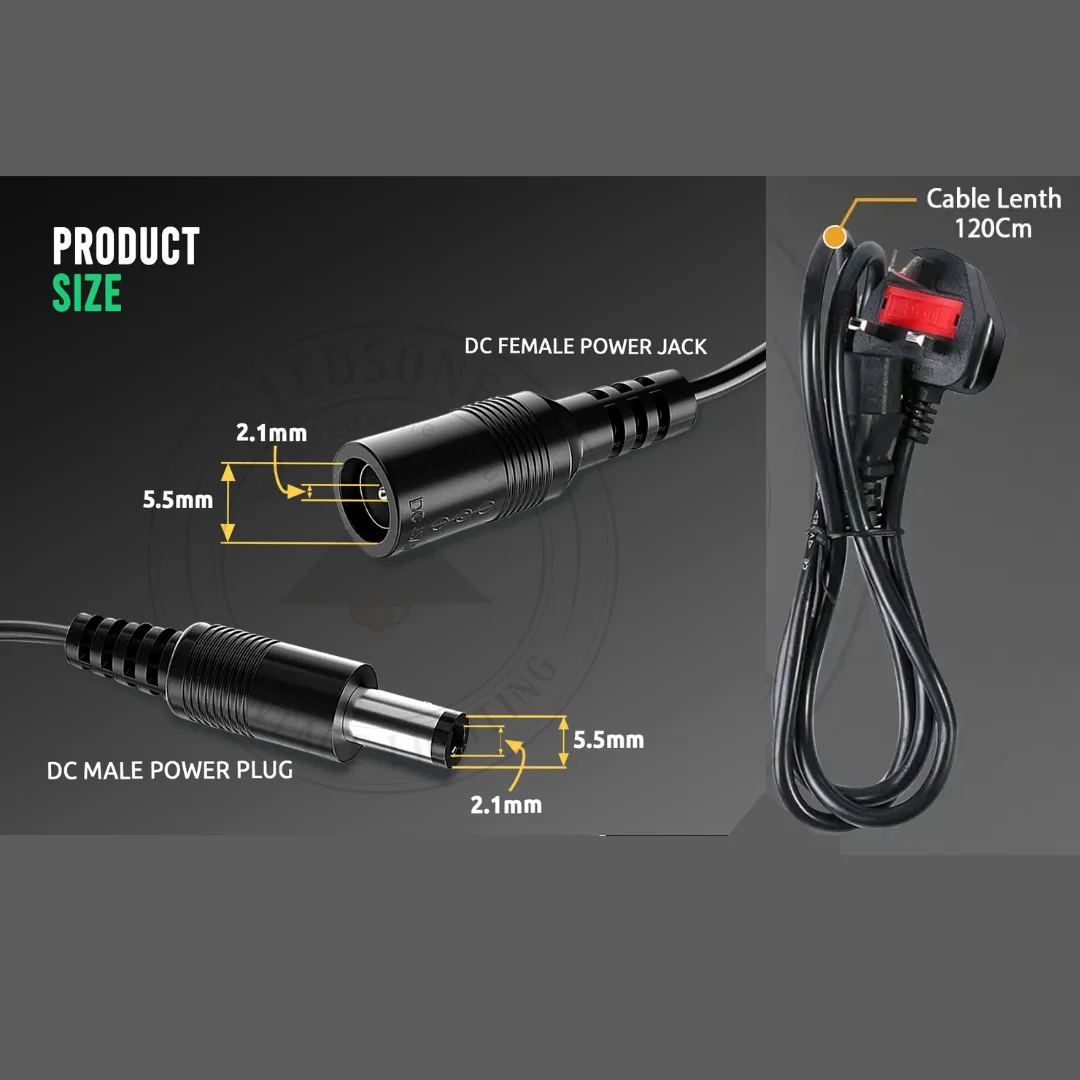 Multi-way DC splitter cable with multiple 5.5mm x 2.1mm connectors for 12V 2A power adapter UK plug setup