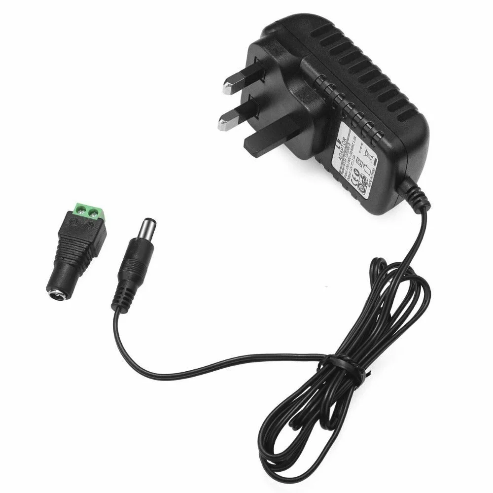 12V 2A universal AC to DC adapter with multi-way splitter cables and UK plug for powering multiple devices safely and reliably