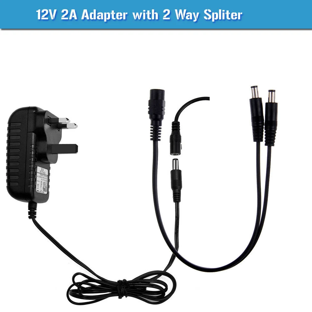 12V CCTV power adapter with UK plug and multi-way splitter cable showing 2, 4, 6, and 8 output options