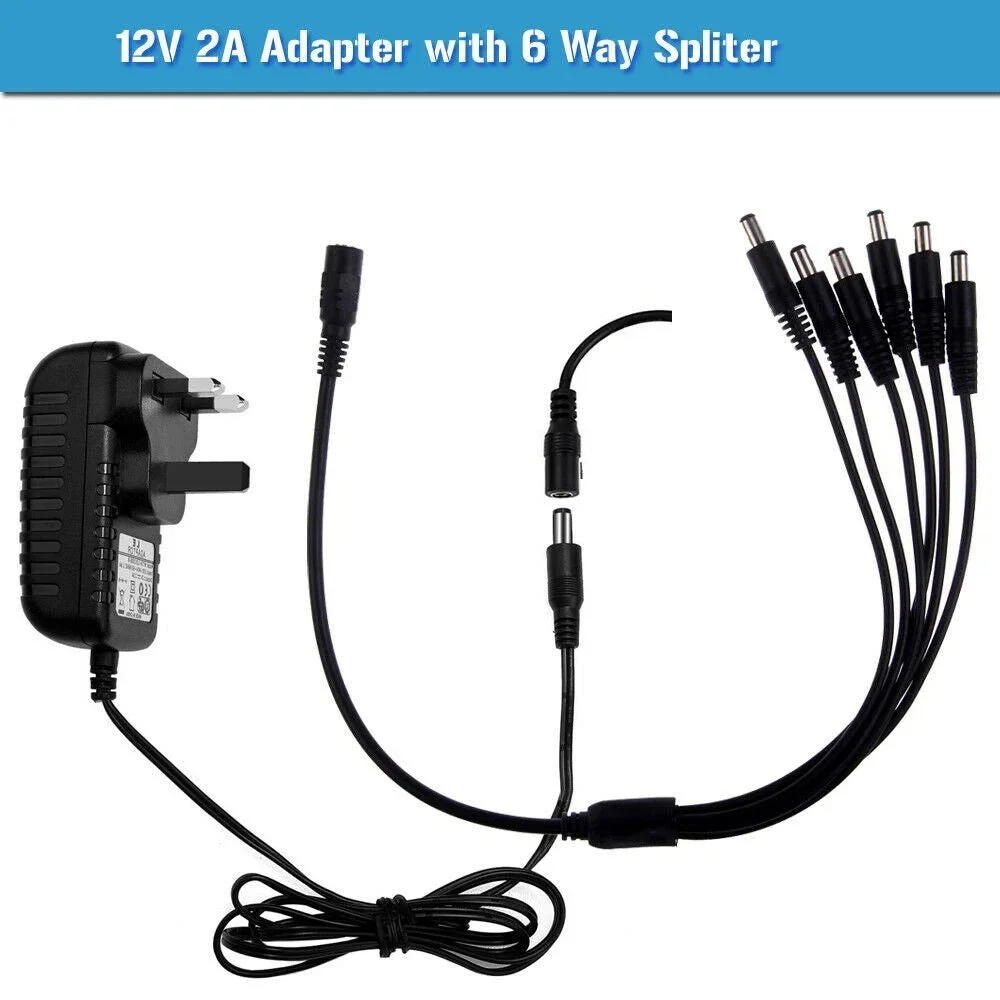 12V CCTV power adapter with UK plug and multi-way DC splitter cable for powering multiple devices simultaneously