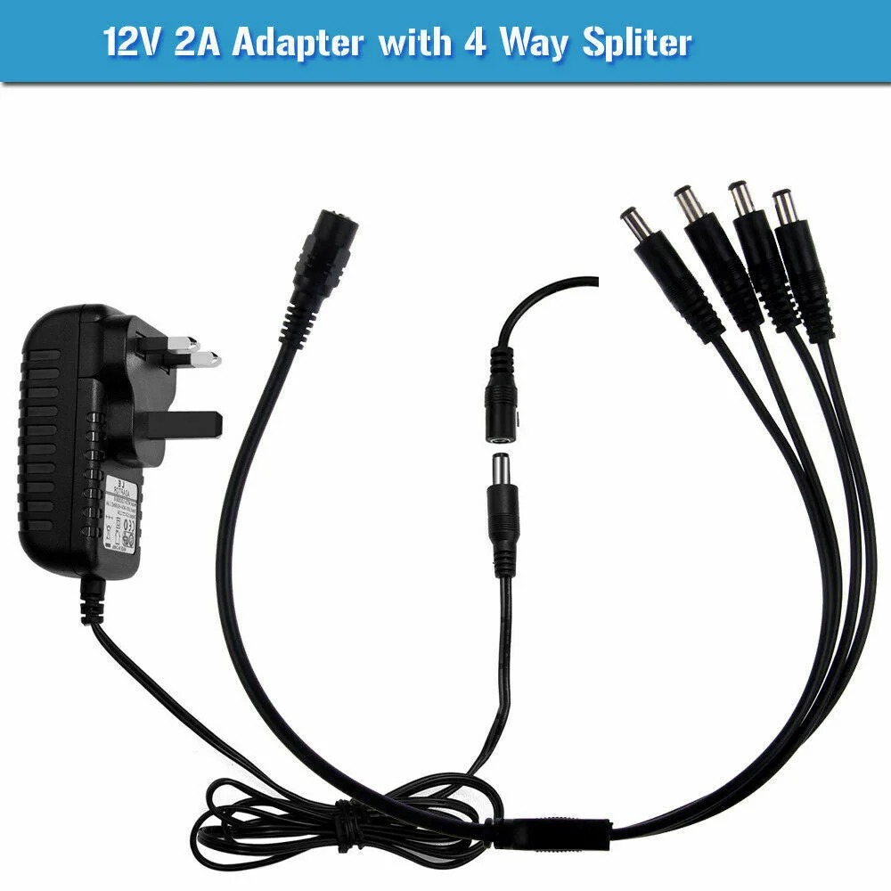 12V CCTV power adapter with UK plug and multi-way splitter cable for powering multiple devices simultaneously