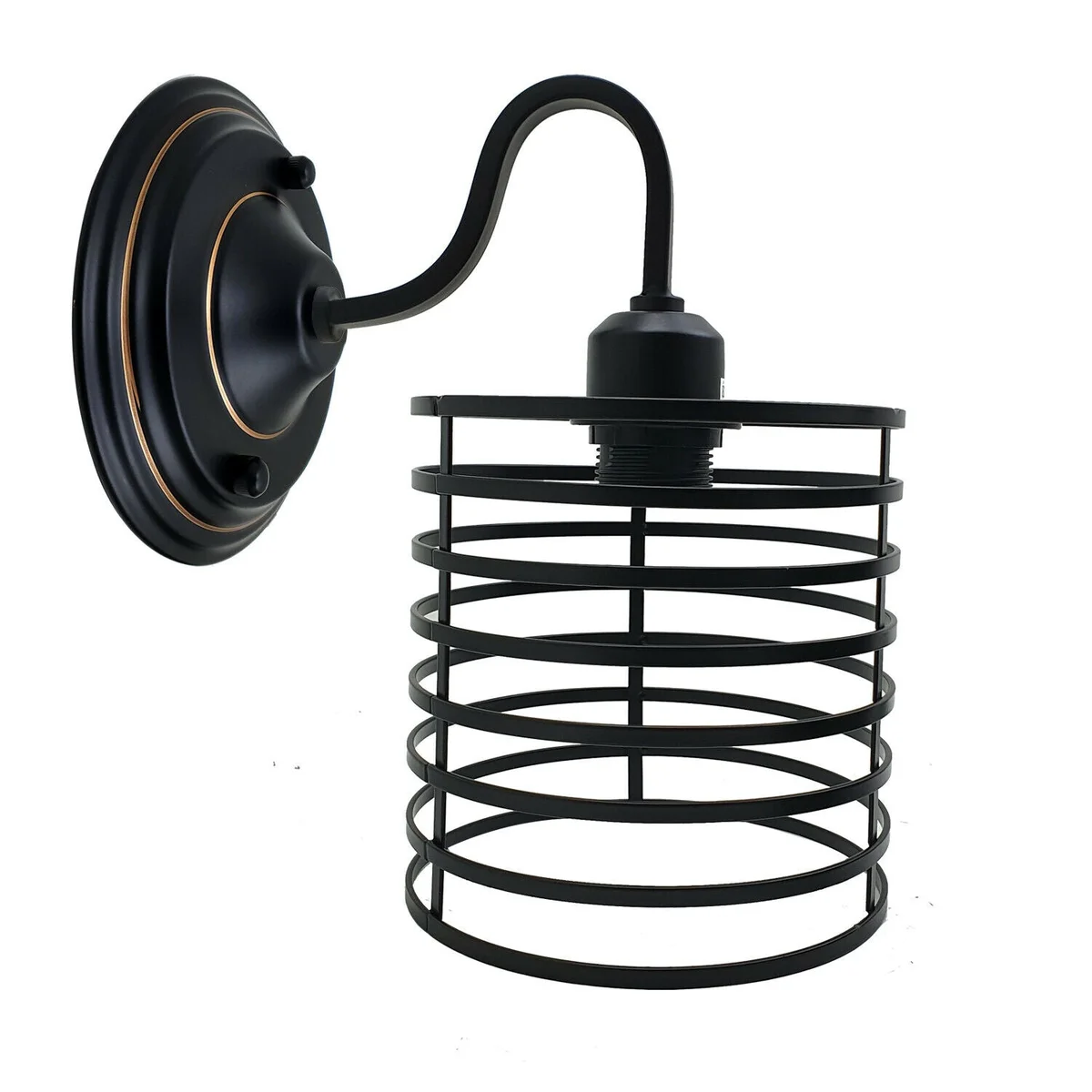 Metal industrial wall sconce with vintage cage design, E27 base, ready for installation.