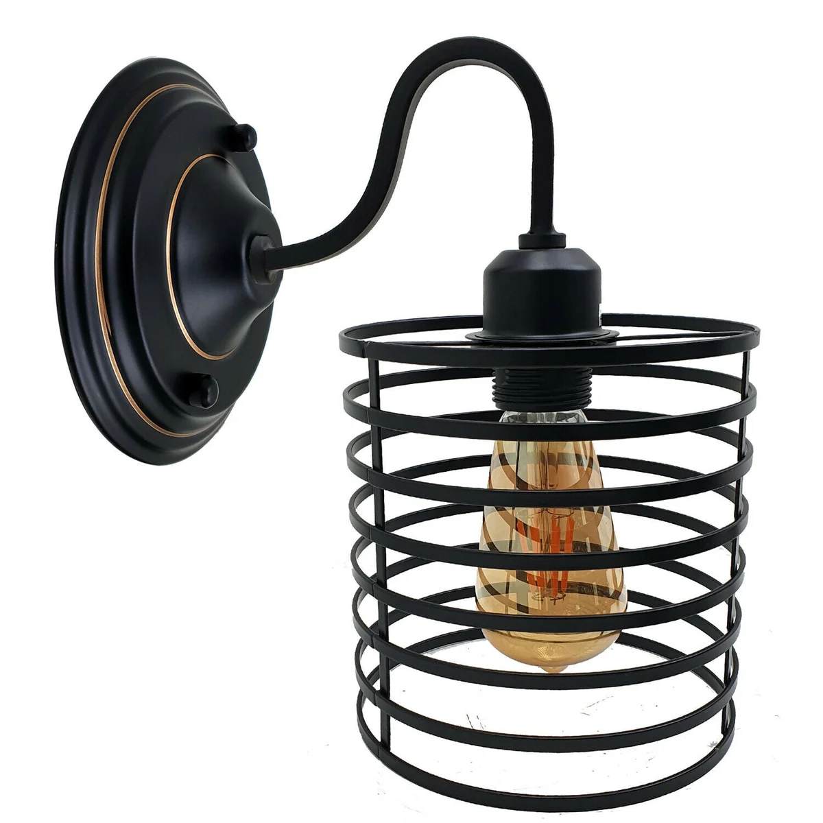 Vintage industrial E27 wall sconce with metal cage detailing on a porch wall.