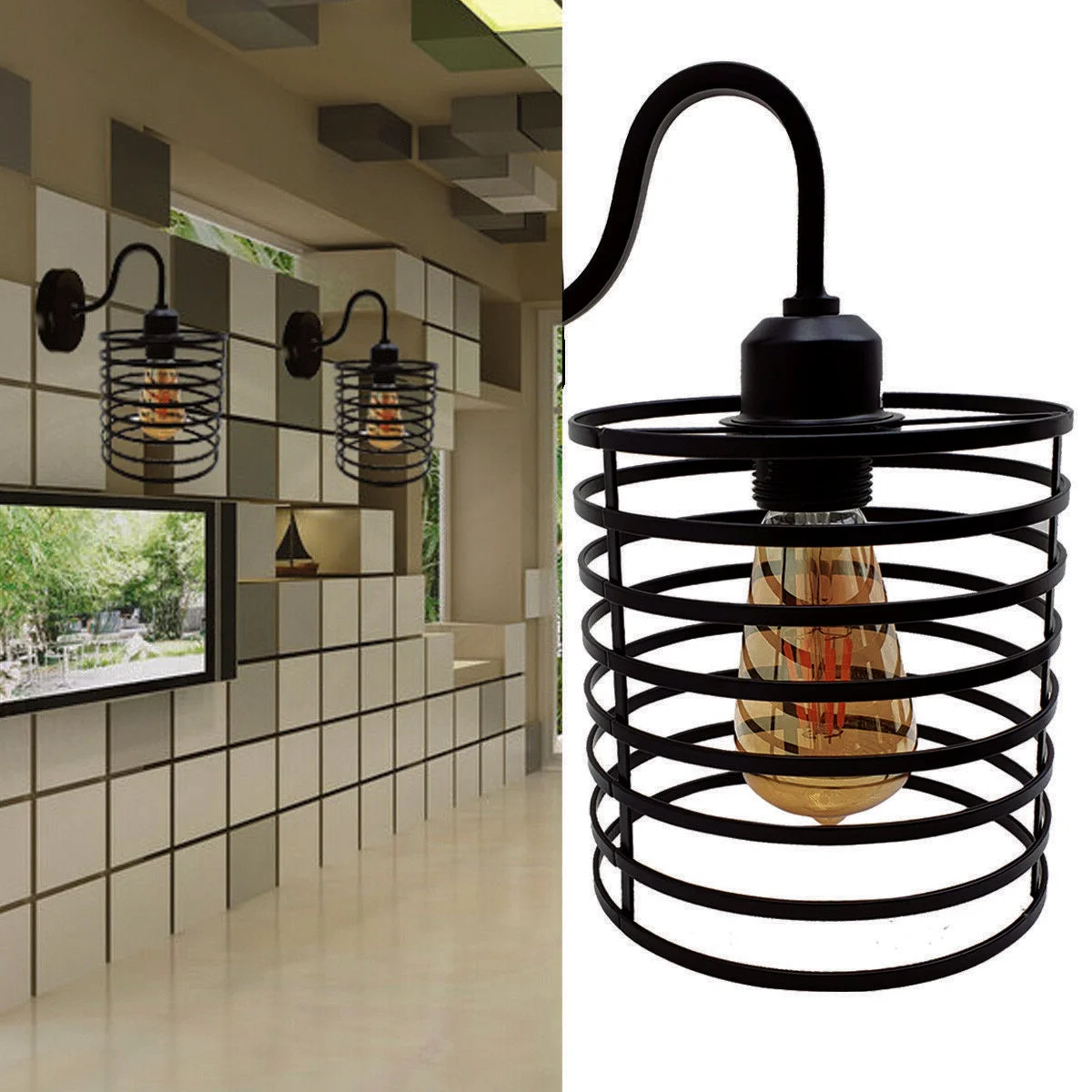 Vintage metal wall light cage, retro wall light with E27 socket, suitable for living room or porch.