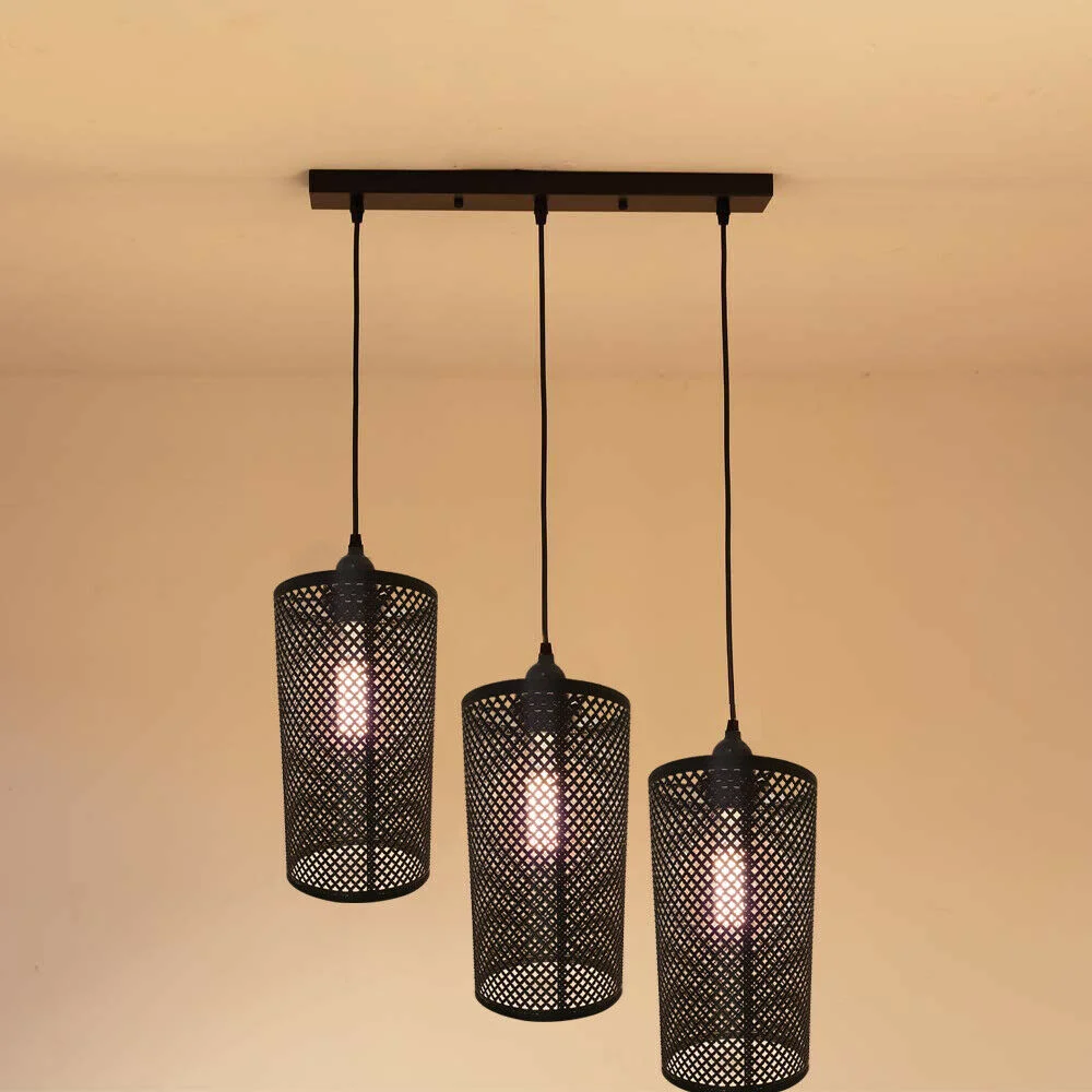 Three light industrial ceiling light with large barrel-shaped metal wire cage shades in black finish hanging fixture