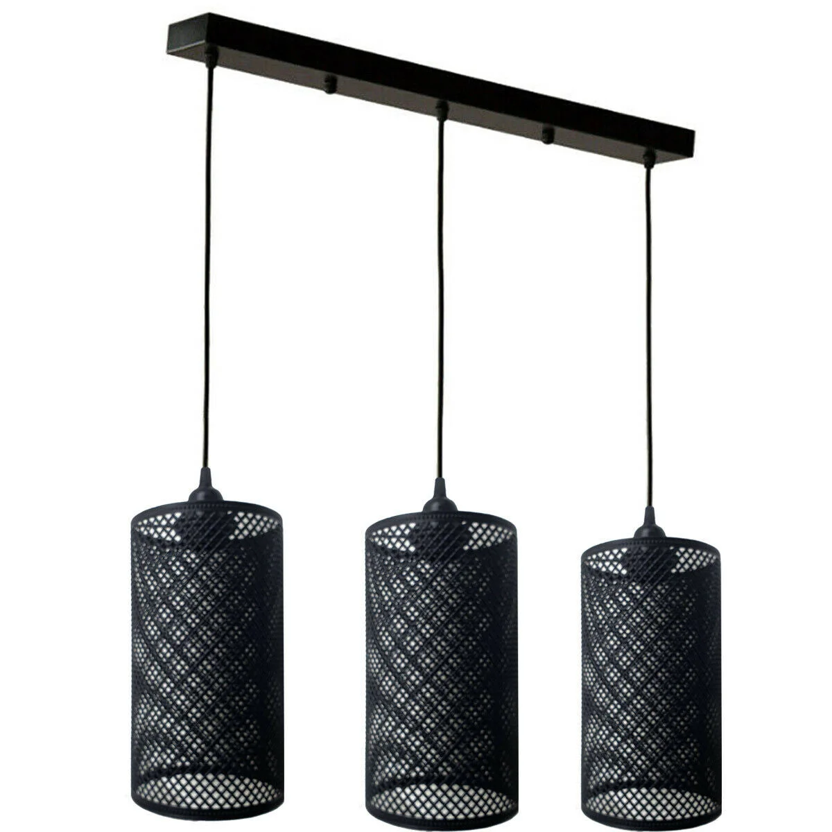 Three light metal cage pendant light with large barrel-shaped wire shades in industrial geometric design hanging ceiling fixture