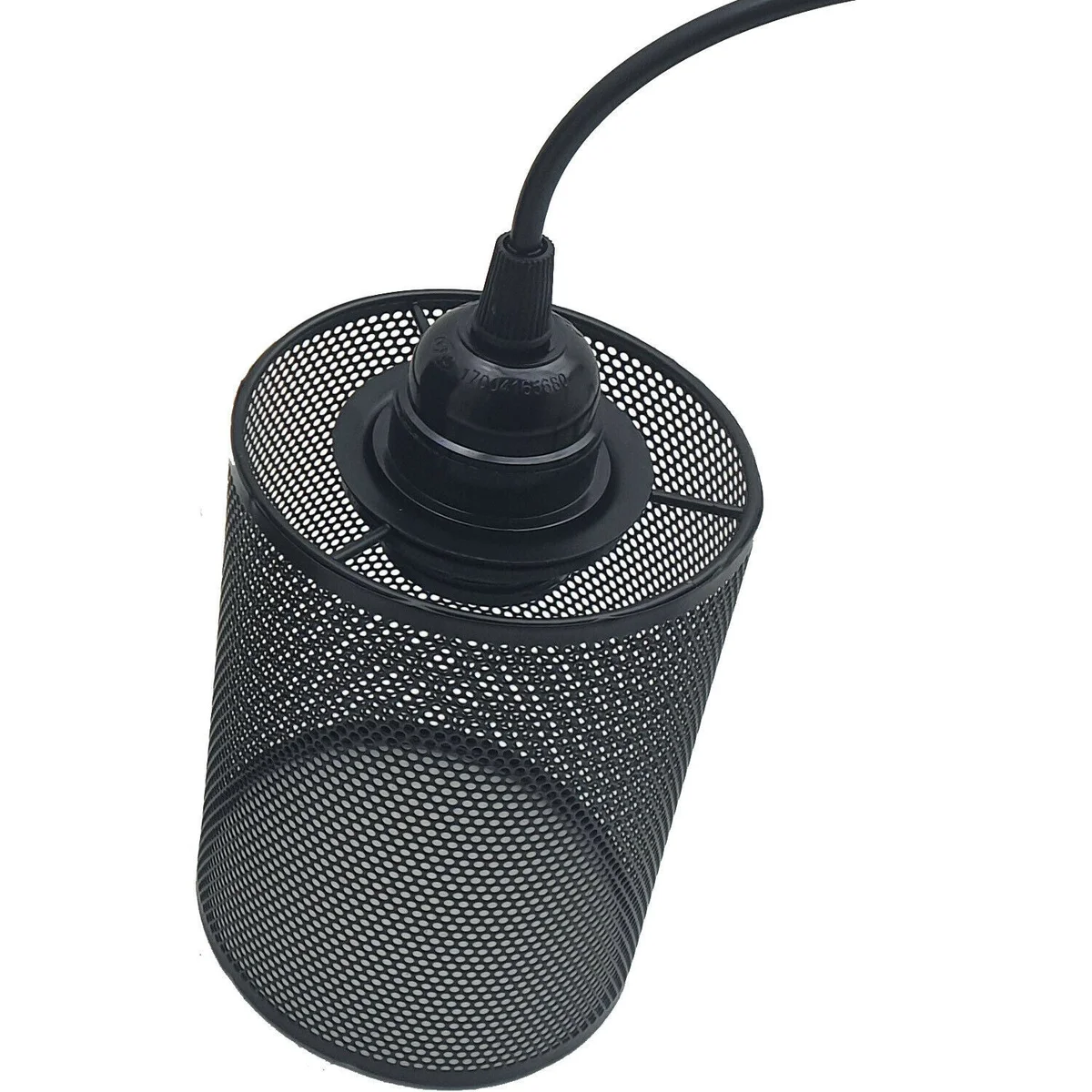 3 light ceiling fitting with large barrel-shaped metal wire cage shades in industrial geometric design, painted finish