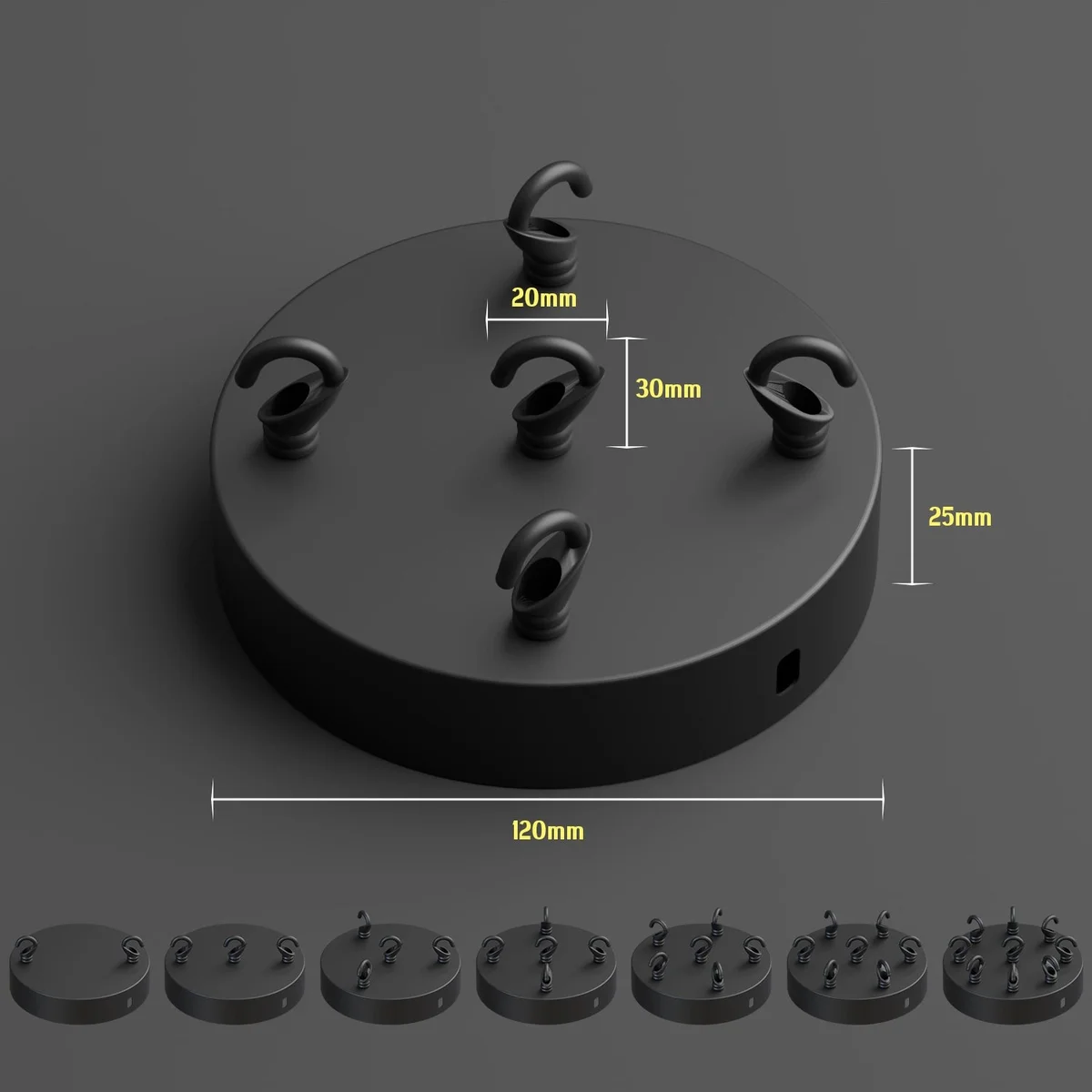 Black ceiling rose with hook pendant light fitting, round metal design, 120mm diameter, black finish