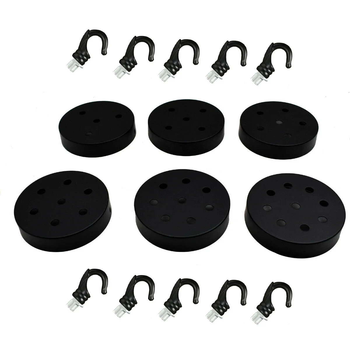 Black metal ceiling rose with hook pendant light fitting, 120mm diameter, includes cord grips and mounting bracket