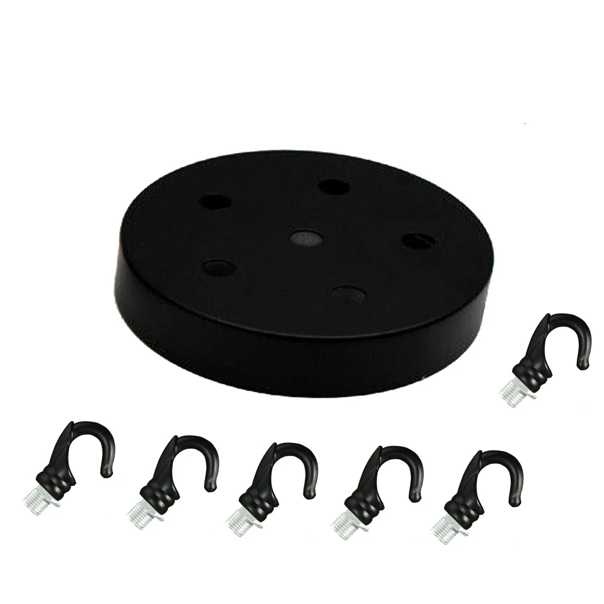 Black multi point ceiling rose with hook pendant light fitting, 120mm diameter, metal round design with cord grips and bracket