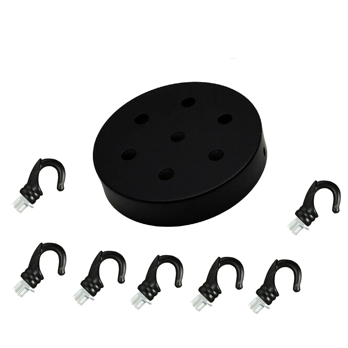 Black ceiling light fitting with round metal rose and hook, 120mm diameter, matte black finish, cord grips included