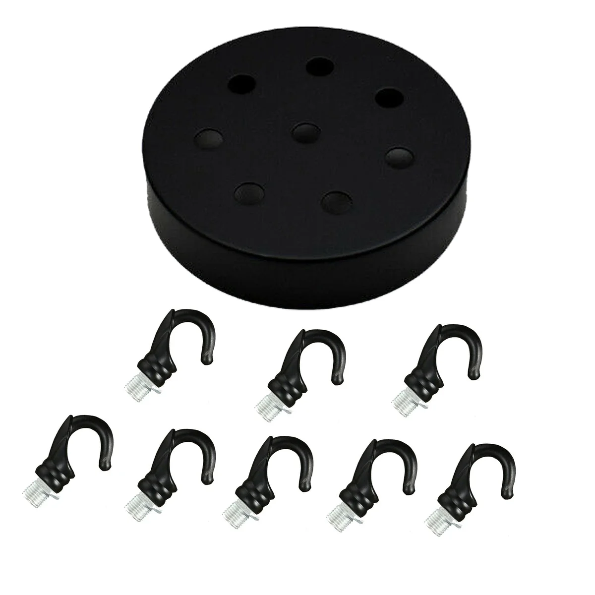 Black round metal ceiling rose with hook and cord grips, 120mm diameter, suitable for pendant light fitting installation