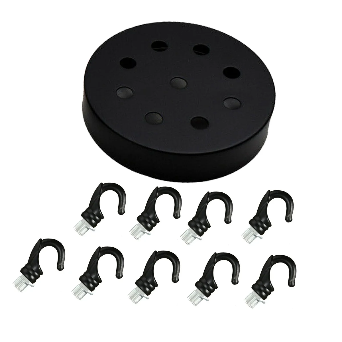 Black ceiling rose with hook and cord grip, 120mm diameter, suitable for pendant light fittings in homes or commercial spaces