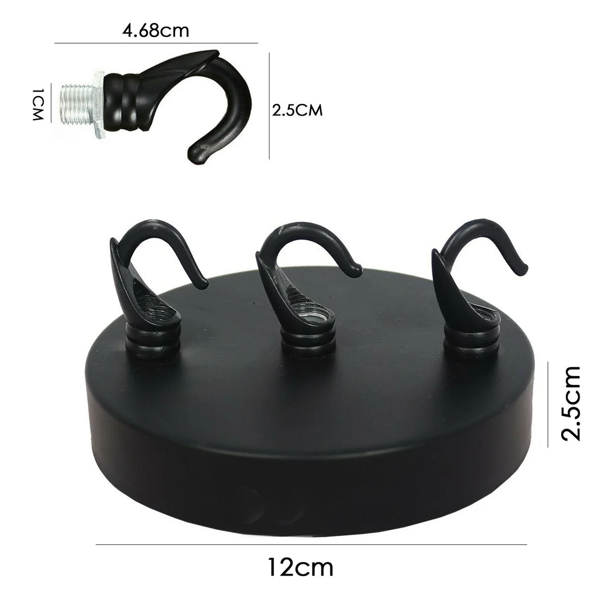 Black ceiling rose with hook pendant light fitting showing round metal design and cord grips on a white background