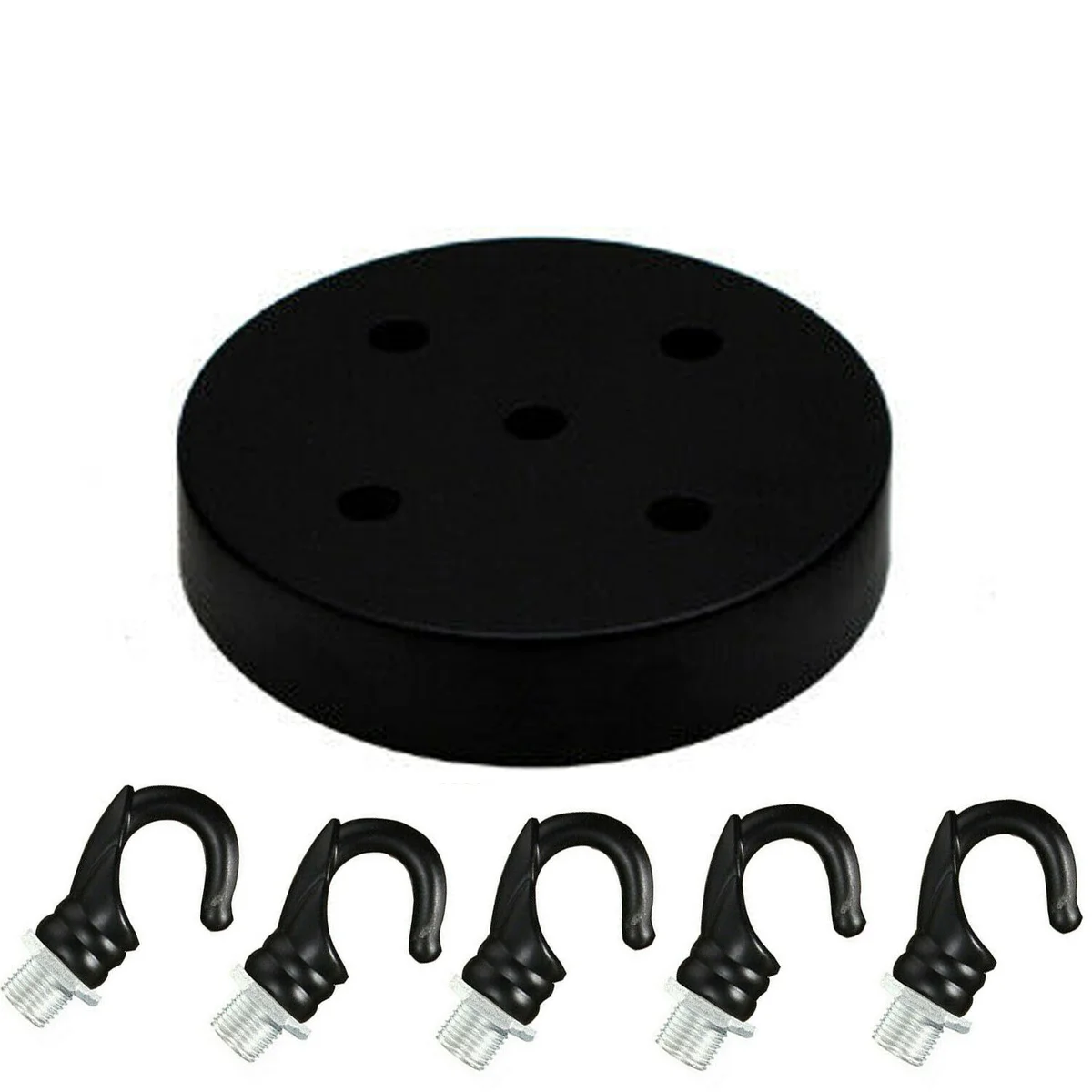 Black ceiling rose with hook pendant light fitting in matte black finish, 120mm diameter, ceiling bracket and cord grips visible