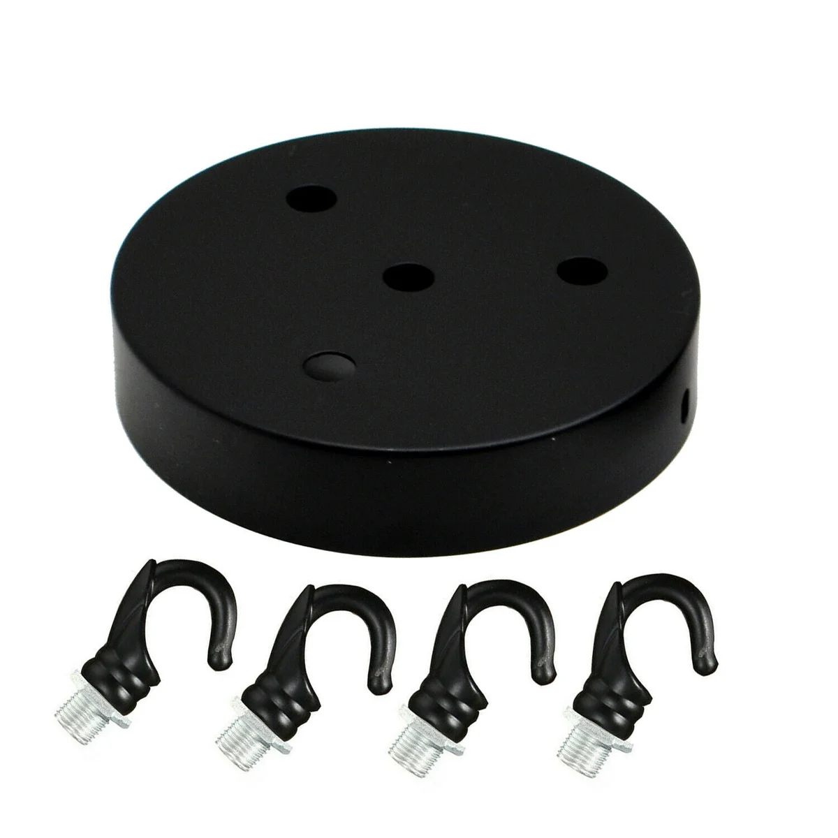 Black ceiling rose with hook pendant light fitting, round metal design, 120mm diameter, black finish, ceiling bracket included