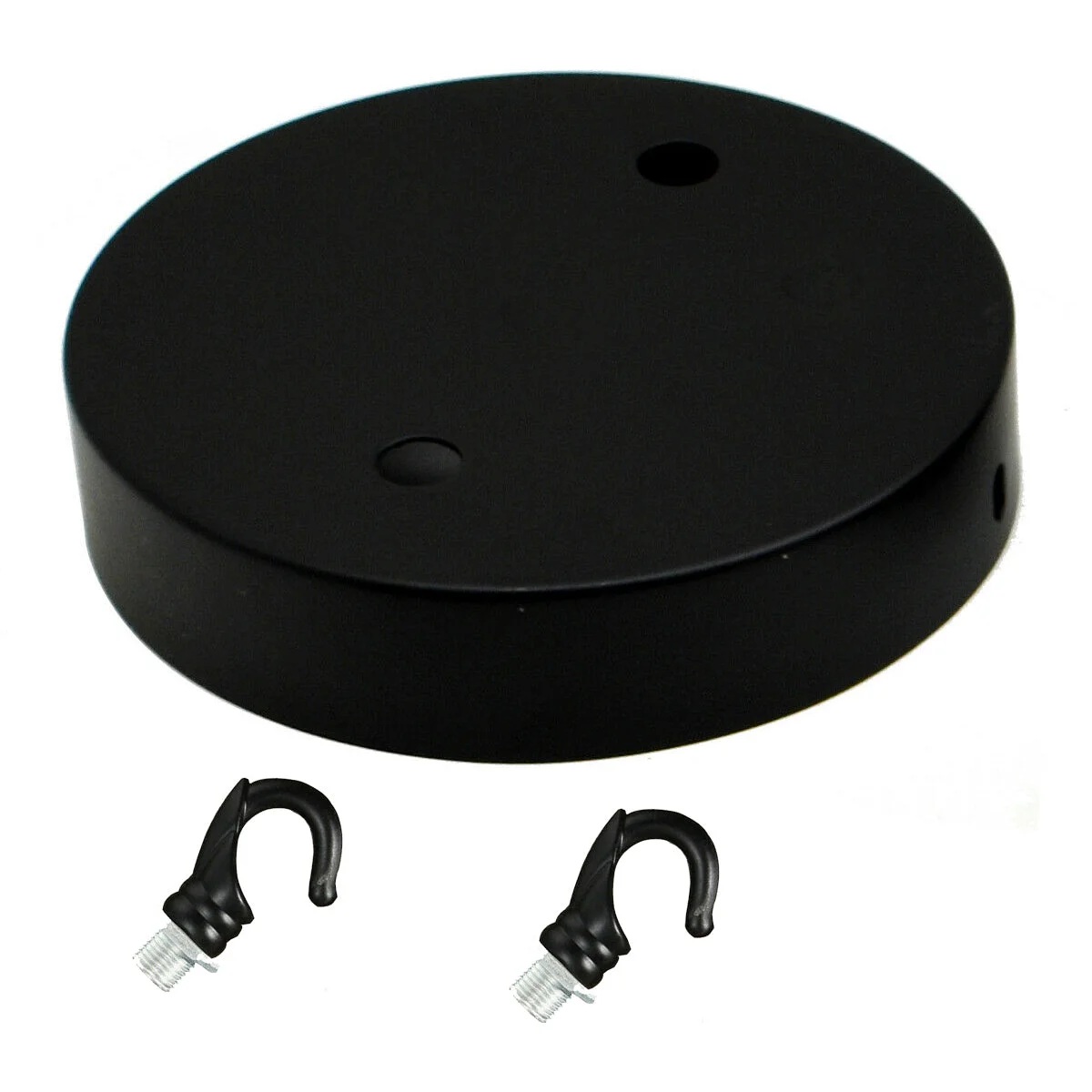 Black ceiling rose with hook pendant light fitting, round metal design, 120mm diameter, black finish with cord grip and screws