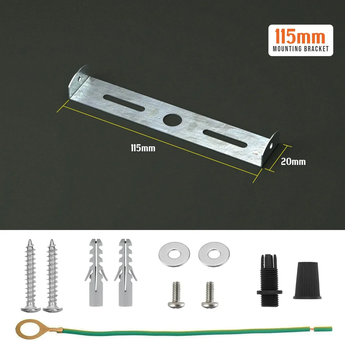 Silver 115mm rectangular ceiling rose bracket with riveted iron construction and earth tag for light fixture mounting