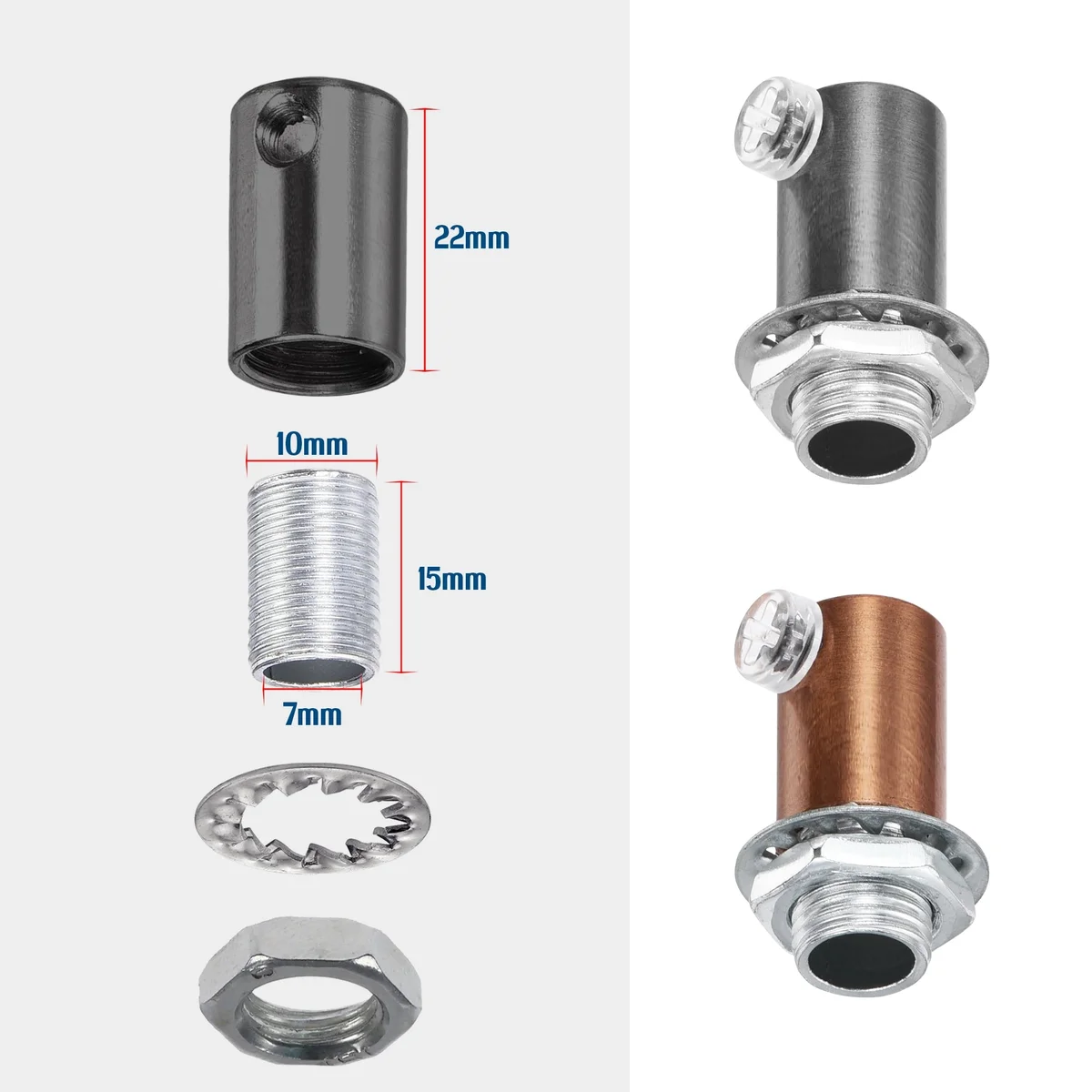 Set of five metal cord grip cable locks with female thread, nut, and grub screw for lamp pendant cables