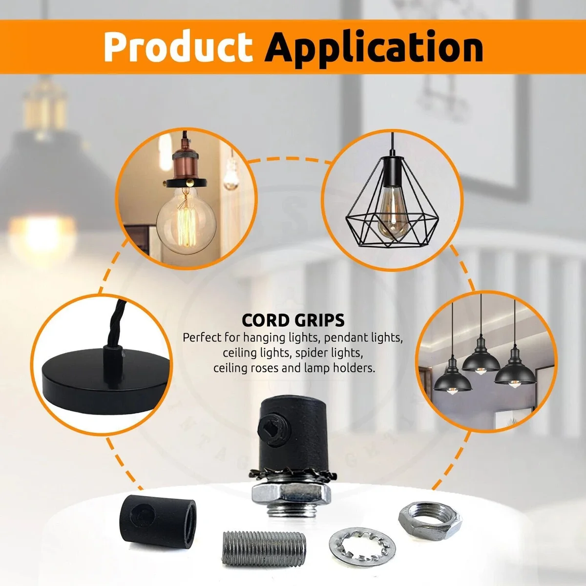 Five metal lamp pendant cord grips with female thread, nut, and grub screw for securing electrical cables and lighting wires