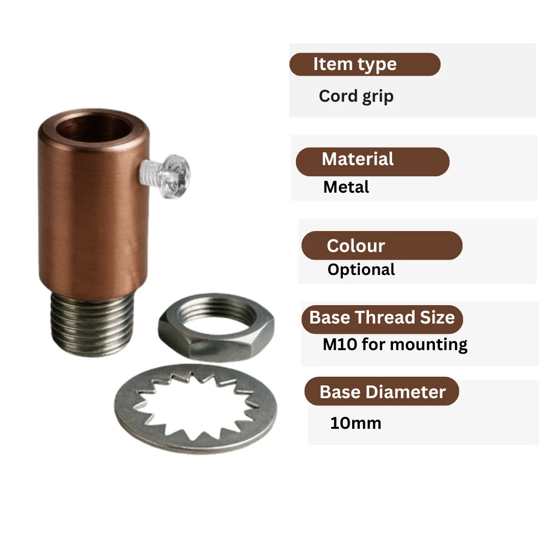 Five metal M10 cord lock grips with threaded design, nut, and grub screw for securing lamp pendant cables