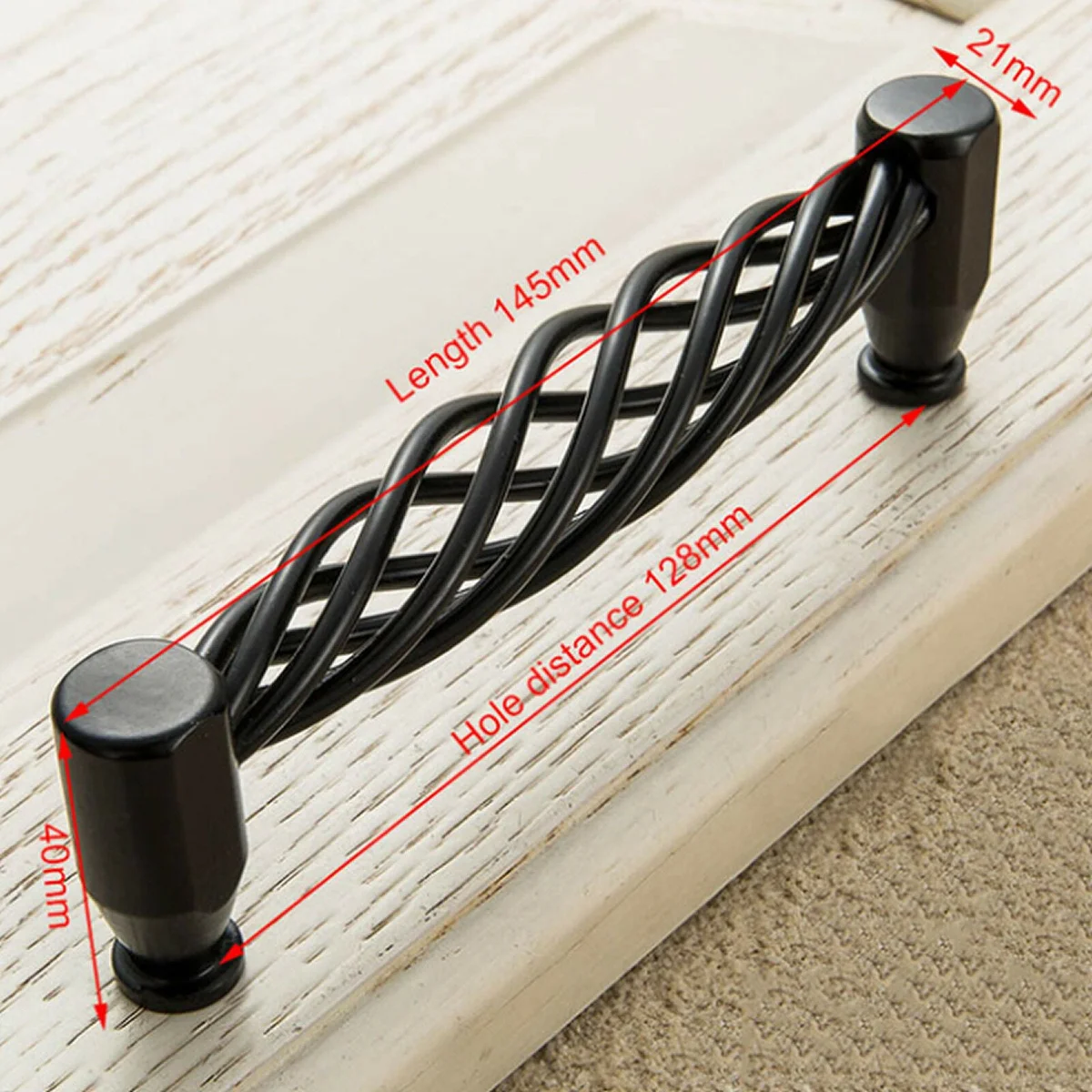 Matt black vintage metal cabinet handle shown with installation hardware for easy install cabinet handles setup