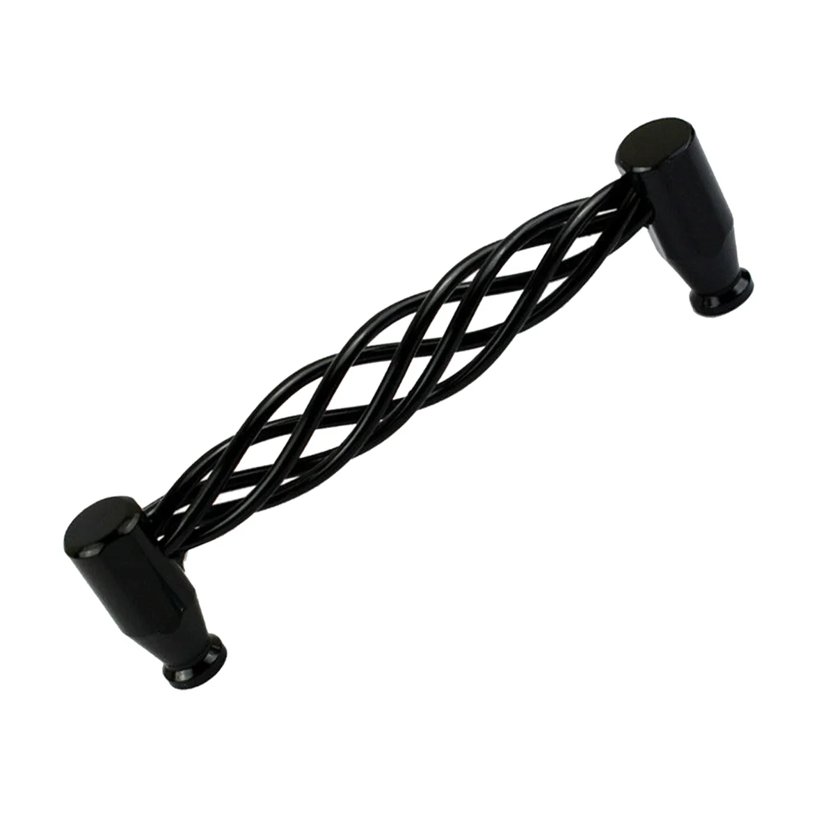 Close-up of matt black cabinet handles mounted on wooden cupboard doors with visible installation hardware.