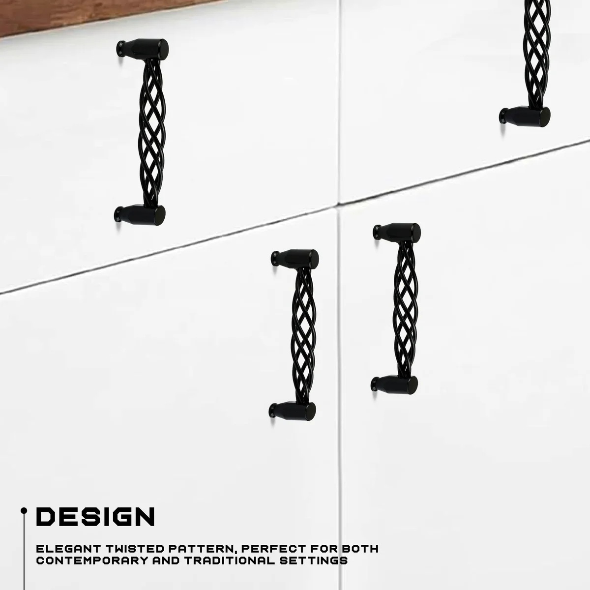 Matt black cabinet handles 128mm vintage style on wooden cupboard door with visible mounting screws