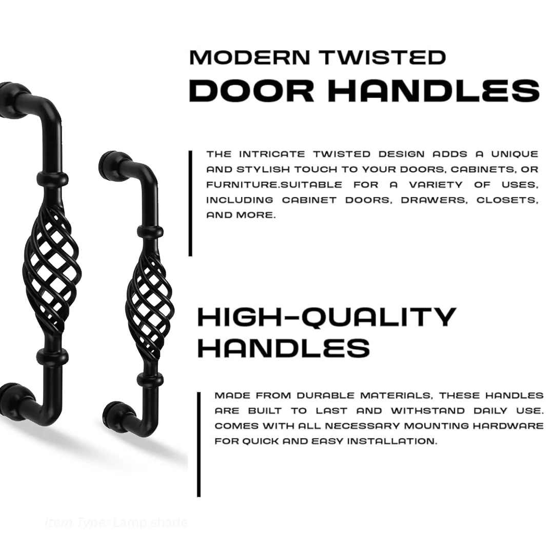 Vintage style cupboard handle in black metal shaped like a birdcage, shown installed on a wooden cabinet drawer