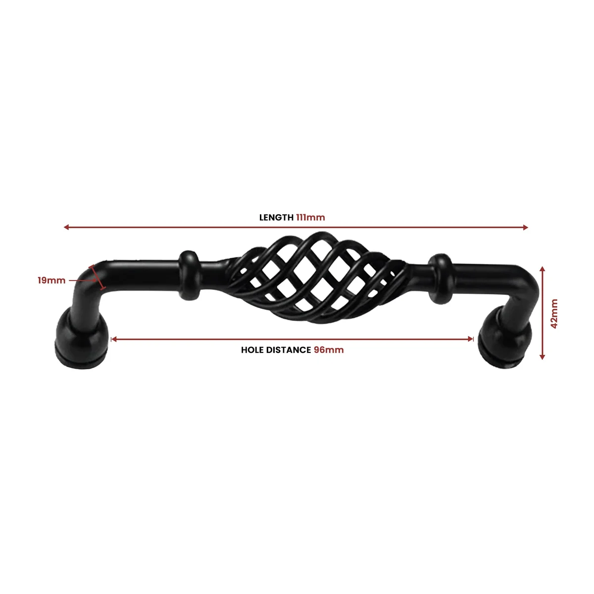 Vintage black metal birdcage style kitchen drawer handle mounted on wooden cabinet door in indoor setting