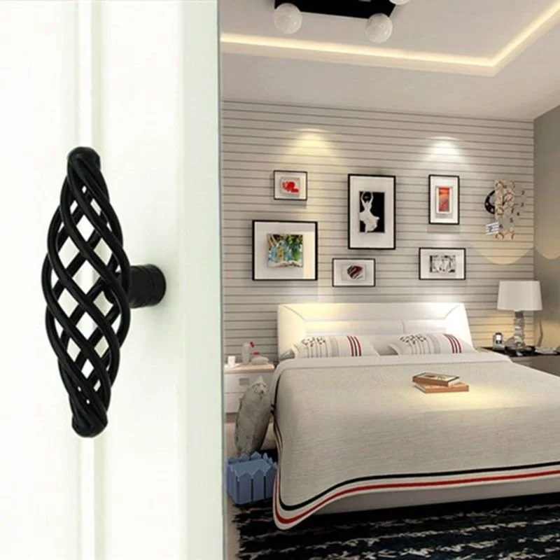 Vintage black cabinet handles with birdcage design, matte black iron, 100mm length, classic kitchen furniture pulls