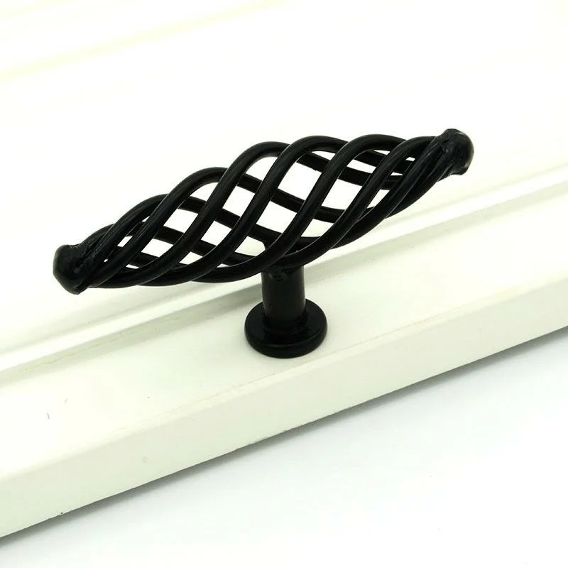 Vintage black iron drawer handles with birdcage design, matte finish, 100mm length, ideal for cabinets and furniture pulls