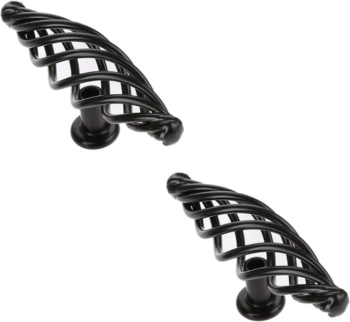 Vintage black cabinet handles with birdcage design, matte black iron finish, shown installed on wooden drawer front