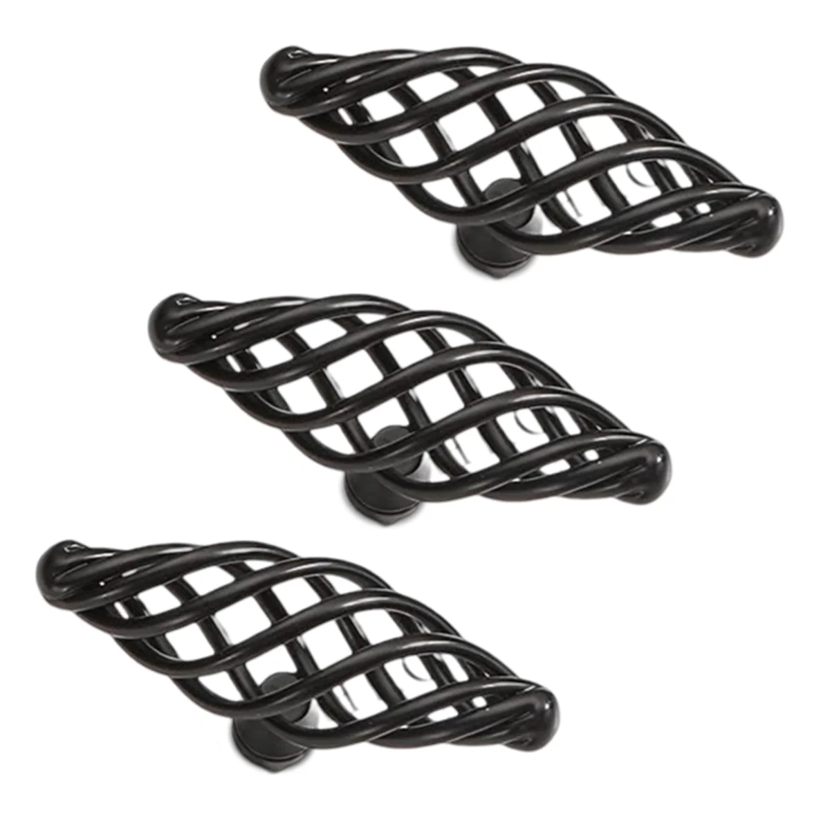 Set of vintage black cabinet handles with birdcage design, matte black iron finish, ideal for kitchen drawers and cupboards